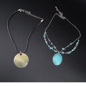 Chico’s Boho Statement Necklace Bundle Faux Turquoise Multi Strand 2pc Lot